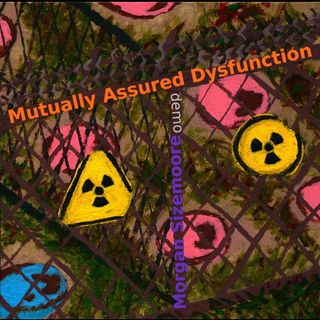 A square acrylic painting of the following scene: Behind a rusty chain link and barbed wire fence are rusty canisters buried in the sand--7 visible, but there could be many more out of frame. Some of the canisters (1 in frame) are mostly covered with chipped blue paint, and the rest with chipped pink paint. The blue and pink canisters are separated by another fence, perpendicular to the first. The external fence the viewer is looking through has two nuclear waste warnings, one on either side of the internal separator fence. They're both yellow, with a black border and a black radioactive symbol. The sign on the left, in front of the blue canisters, used to be a triangle, but a couple of it's corners have rounded a bit over the years. The sign on the right, in front of the pink canisters, used to be a circle but has broken off pieces that left a couple of straight edges.